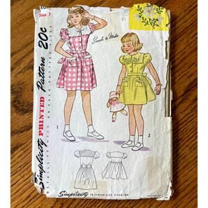 Vintage 1940s Simplicity 1850 Sewing Pattern Girls Sz 7 One Piece Dress COMPLETE